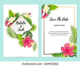 Invitations with tropical flowers, jungle leaves. Vector illustration summer templates. Place for text. Great for SPA flyer, beauty offer, wedding, poster, baby shower, bridal shower, tropical party.