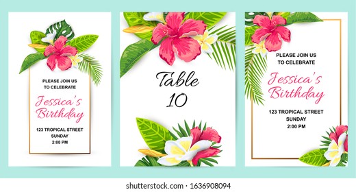 Invitations With Tropical Flowers, Jungle Leaves. Vector Illustration Summer Templates. Place For Text. Great For Wedding, SPA Flyer, Beauty Offer, Poster, Baby Shower, Bridal Shower, Tropical Party.