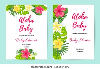 Invitations with tropical flowers, jungle leaves. Vector illustration summer templates. Place for text. Great for wedding, SPA flyer, beauty offer, poster, baby shower, bridal shower, tropical party.