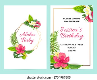 Invitations with tropical flowers, jungle leaves. Vector illustration summer templates. Place for text. Great for wedding, SPA flyer, beauty offer, poster, baby shower, bridal shower, tropical party.