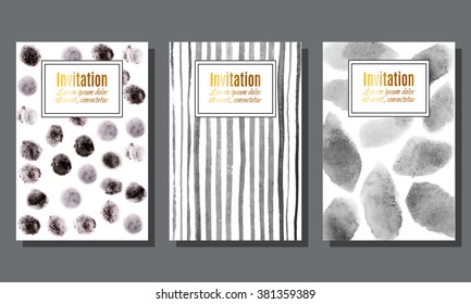 Invitation.Template.Cards with monochrome watercolor spots and stripes background..Unusual creative poster. Trendy hand made patterns.