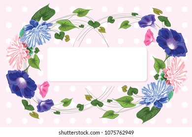 Invitation-vignette garland two wedding rings. Of flowers, leaves and curly stems-aster, bindweed, ivy, green, pink, ball, polka dot pattern background in vector, isolated, 