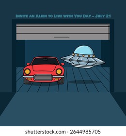 Convide um alienígena para viver com você no dia 21 de julho para comemorar. Ilustração de uma garagem contendo um carro e um OVNI estacionado dentro.