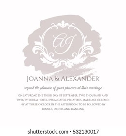An invite card with initials on the hand drawn ink spot. Wedding invitation in white and gray colours with floral frame. Invitation and announcement background in a simple design