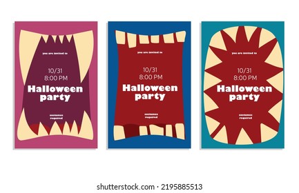invite card with monster mouth for Halloween. Card with scary teeth. Place for text. Simple minimal vector illustration