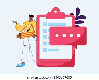 Invite friends to conduct questionnaire flat vector concept operation hand drawn illustration
