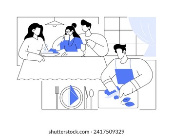 Invite friends for dinner isolated cartoon vector illustrations. Group of smiling friends having dinner in the kitchen, home party, cooking food together, ingredients on table vector cartoon.