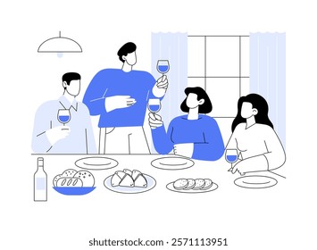 Invite friends for dinner isolated cartoon vector illustrations. Young people have dinner together at home, drink wine, lot of food on the table, entertainment with friends vector cartoon.