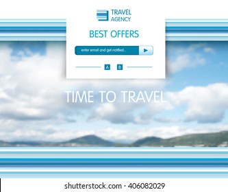  Invite page or template presentation  for travel agency. Vector page template subscription.vector landscape with clouds and mountains. - stock vector