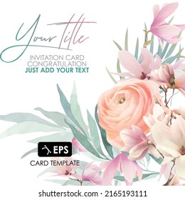 invite romantic gift template with orange pink flowers and leaves on watercolor background. pastel congratulation wedding invitation card with decor herbs. 