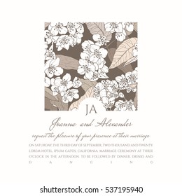 An invite sample with hand drawn illustration in a foursquare design. Wedding invitation and invite card with blooming flowers of jasmine. Background in sepia colour