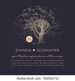 An invite sample with hand drawn tree in the circle invisible frame. Wedding invitation and event card in a modern design with initials.  Background in blueberry and golden colors