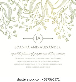 An invite template with floral branches flowing down. A simple design of wedding/ announcement card with slightly wavering light of green and yellow colors. Monogram background