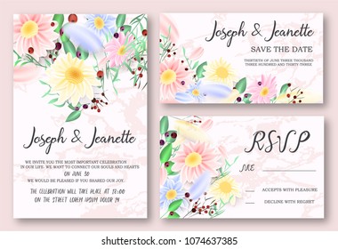 Invite Template Wedding Cards. RSVP, Save The Date, Retro Beautiful Pink Marble Design With Flovers, Grean Leaf, Berries And Branches Decorative Frame Pattern. Vector Illustration. EPS 10.
