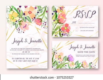 Invite Template Wedding Cards. RSVP, Save The Date, Retro Beautiful Pink Marble Design With Flovers, Grean Leaf, Berries And Branches Decorative Frame Pattern. Vector Illustration. EPS 10.