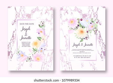 Invite Template Wedding Cards. RSVP, Save The Date, Retro Beautiful Gold Pink Marble Design With Flovers, Grean Leaf, Berries And Branches Decorative Frame Pattern. Vector Illustration. EPS 10.