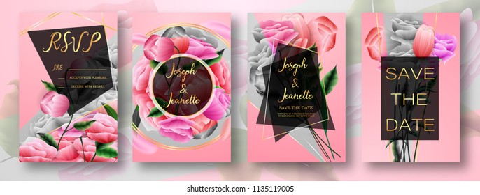 Invite Template Wedding Cards. RSVP, Save The Date, Retro Beautiful White Pink Design With Flovers Roses Tulips, Green Leaf, Decorative Frame Pattern. Modern VIP style. Vector Illustration. EPS 10.