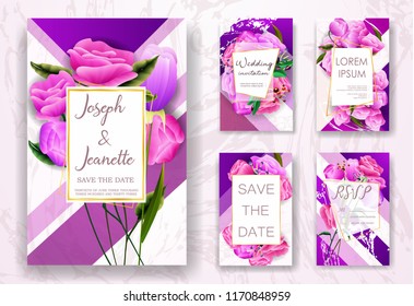 Invite Template Wedding Cards. RSVP, Save The Date, Retro Beautiful White Pink Design With Flovers Roses Tulips. Marble Gold, Decorative Frame Pattern. Modern VIP style. Vector Illustration. EPS 10.