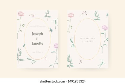 Invite Template Wedding Cards. RSVP, Save The Date, Retro Beautiful White Pink Design With Flowers Roses Tulips, Leaf. Modern style. Vector Illustration. EPS 10.