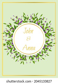 Invite wedding, floral wreath invitation card, modern cards isolated on green background. Gold gradient geometric line design love and romantic vector illustration. Wedding ornament concept.