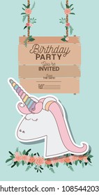 invited birthday party card with unicorn