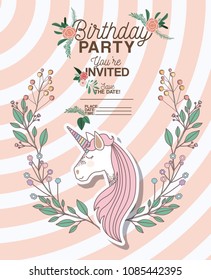 invited birthday party card with unicorn