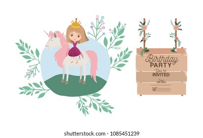 invited birthday party card with unicorn and princess