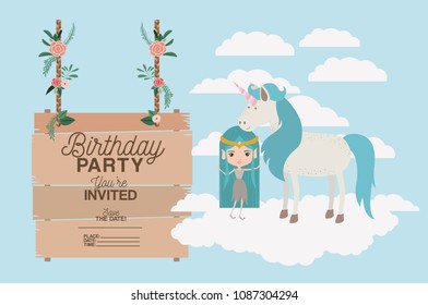 invited birthday party card with unicorn and fairy