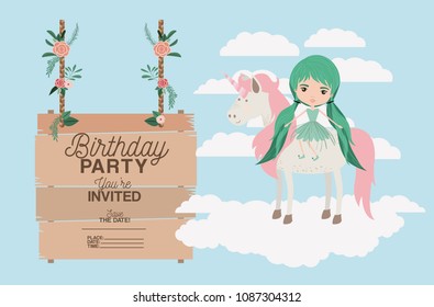 invited birthday party card with unicorn and fairy