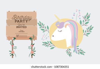 invited birthday party card with unicorn