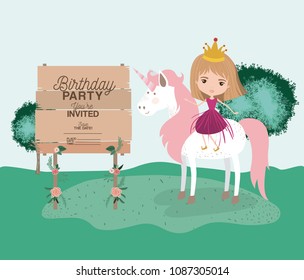 invited birthday party card with unicorn and princess