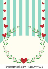 Invited card in stripe blue and white colors decorated with floral botanicals pattern and red cute heart for love or Valentine concept with copy space for your design. Simple vector art style.