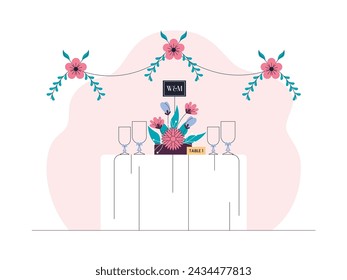 Invited guest table with simple decoration, wedding vector illustration.