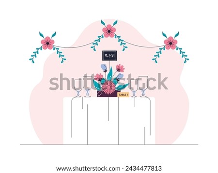 Invited guest table with simple decoration, wedding vector illustration.
