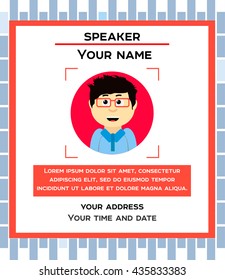 Invited speaker. vector illustration with space for your texts. Public speaker business conference. Flat style, modern design. The poster with a guest speaker. Banner. The poster depicting a man.