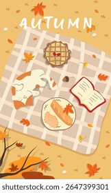 An inviting autumn picnic with delicious food, a furry companion, and colorful fall leaves creating a cozy atmosphere.