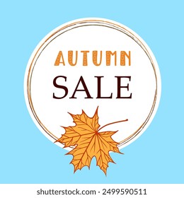 An inviting autumn sale promotion featuring a maple leaf and catchy text against a light blue backdrop.