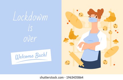 Inviting banner for a bakery opening after covid-19 lockdown on which friendly female baker in a mask surrounded by bread, croissants, muffins, cookies and rolling pin. Small business or family busine