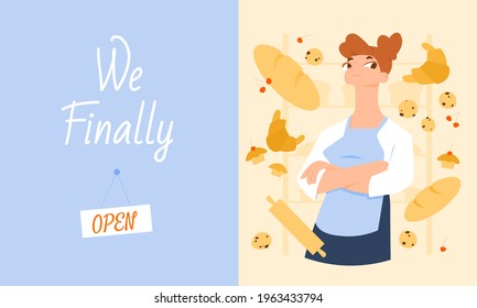 Inviting banner for a bakery opening on which friendly female baker surrounded by bread, croissants, muffins, cookies and rolling pin. Small bussiness or family bussiness.