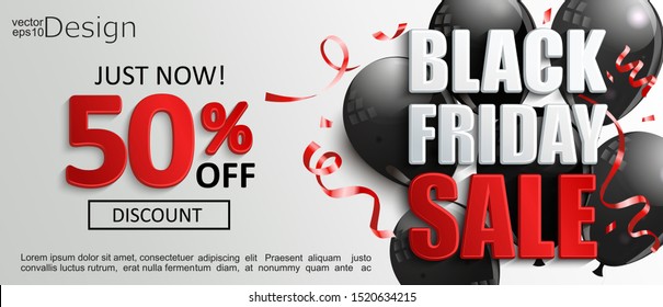 Inviting banner for black friday sale, discounts time. Just now shopping offer with 50 percent clearance. Black shine balloons with red confetti on light background. Vector illustration.