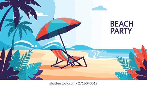 Fondo de fiesta de playa acogedor con una silla de salón a rayas y un paraguas colorido en la arena con palmeras y olas del océano en la distancia.