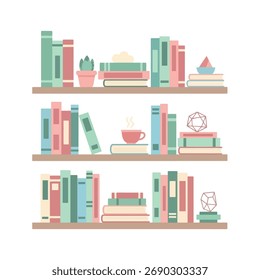 Inviting bookshelf features charming books, a warm beverage, and botanical decor for a cozy modern reading nook