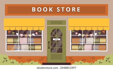 An inviting bookstore facade with colorful awnings and a welcoming 'Open' sign, depicted in a charming and quaint vector illustration style. svg