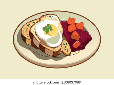 
Inviting breakfast platter with a perfectly cooked egg, sliced bread, and vibrant beet pieces. This balanced, visually appealing meal is packed with essential nutrients.