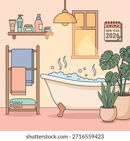 Uma convidativa casa de banho em desenho animado dispõe de uma banheira com bolhas, um suporte de toalhas com toalhas frescas, uma prateleira com produtos de higiene pessoal, uma janela e plantas verdes exuberantes, criando uma atmosfera serena e relaxante.