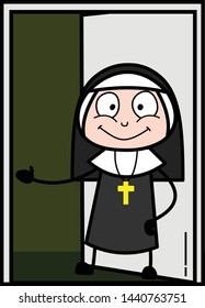 Inviting to Come Inside the House - Cartoon Nun Lady Vector Illustration