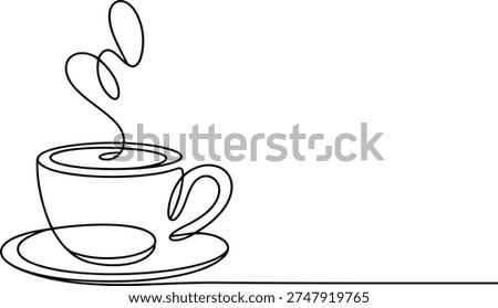 Inviting continuous line drawing of a steaming coffee cup and saucer, radiating warmth and simplicity on white.