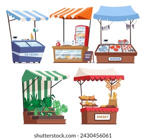 Inviting Farmers Stall, Adorned With A Vibrant Canopy, Showcases A Cornucopia Of Fresh, Locally-sourced Produce And Handmade Goods, like Ice Cream, Dairy, Seafood or Bread. Cartoon Vector Illustration