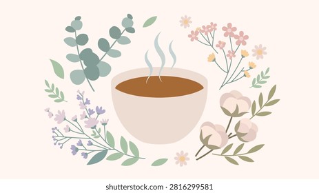 An inviting flat lay illustration featuring a warm beverage in a simple mug, encircled by a beautiful arrangement of pastel-colored flowers, green leaves, and soft cotton, creating a serene and cozy atmosphere on a light background.