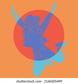 Inviting, flying, dancing girl, woman. The concept of freedom, movement, life and joy. Colorful cute screen printing effect. Riso print effect. Vector illustration. 